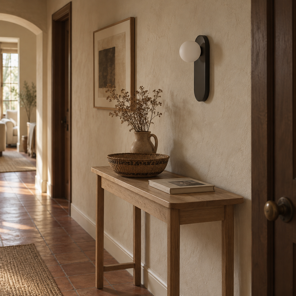 Valença oval plate wall sconce in white, in a hallway.