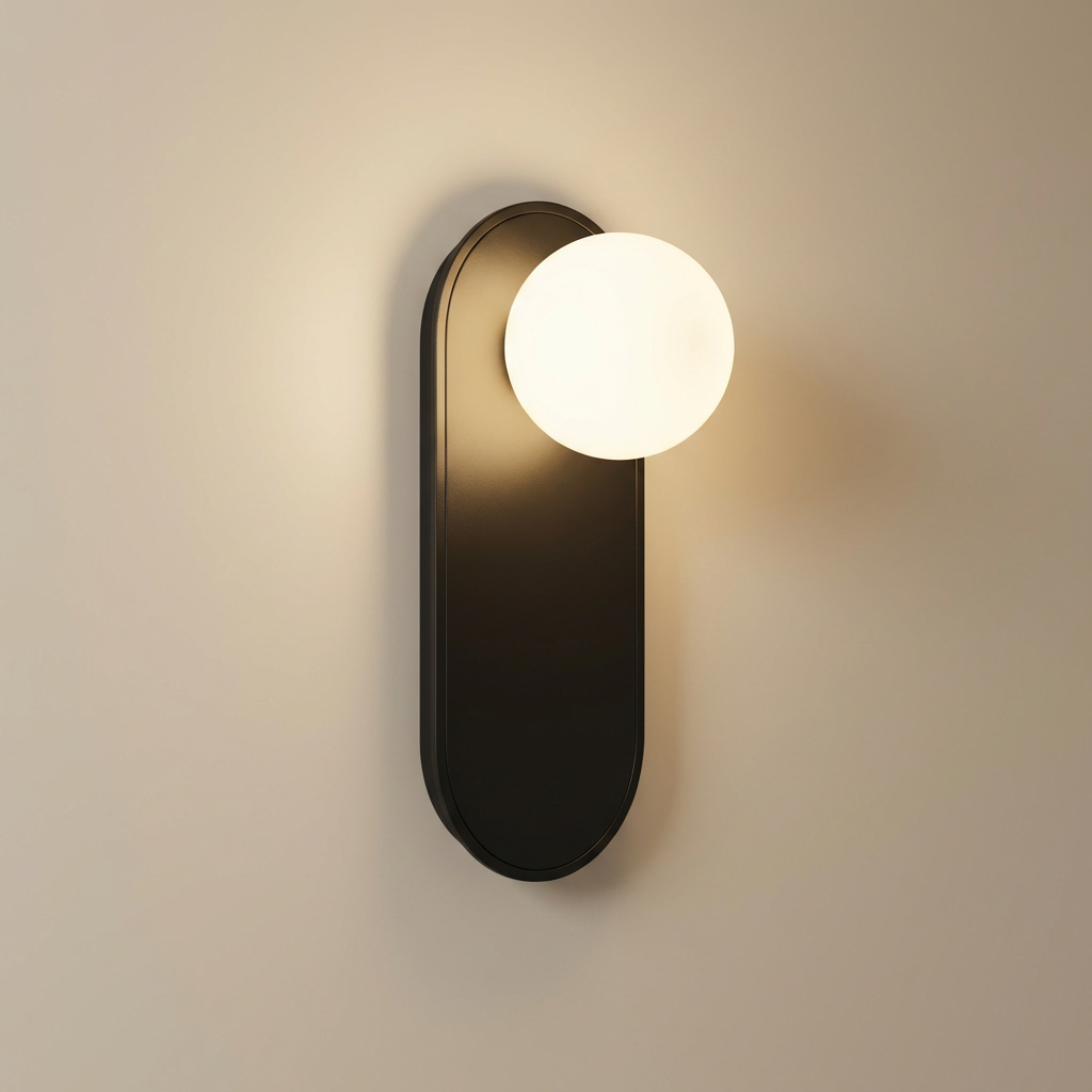 Valença wall sconce front view, black painted metal oval plate with an opal white glass globe