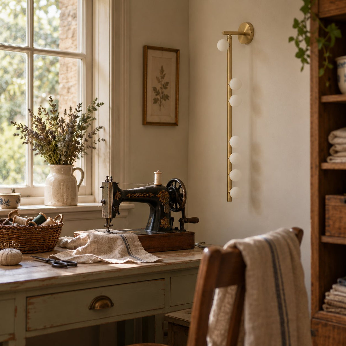 Vouga wall sconce, a brass vertical bar with small white glass globes, above a vintage sewing table.