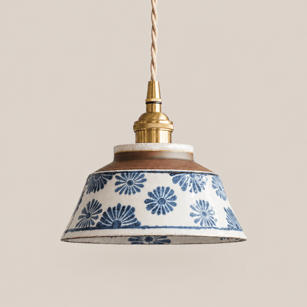 Ceramic Pendant Light Blue Floral Brass Socket Braided Cord Hanging Ceiling Fixture
