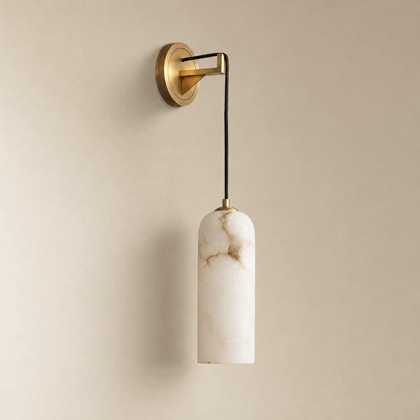 Brass Wall Sconce Alabaster Cylinder Shade Hanging Cord Marble Pendant Indoor Lighting