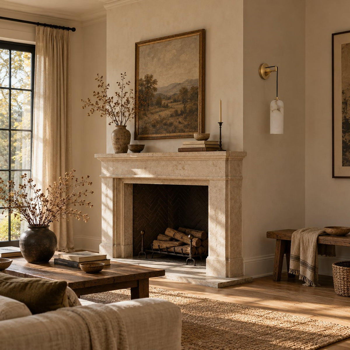 Zêzere alabaster wall sconce on a brass arm beside a stone fireplace in a living room.